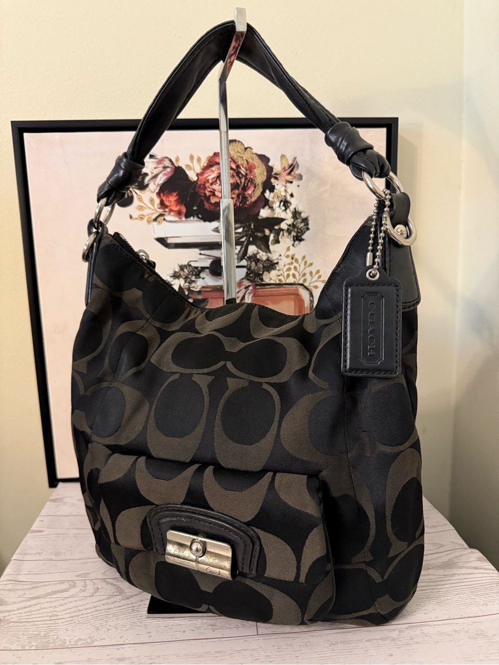 Coach Black and Brown Signature Shoulder Hobo